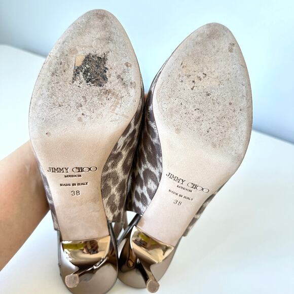 Jimmy Choo Nova Leopard Print Gold Shimmer Leather Slingback Pumps Size 38 - Picture 13 of 16